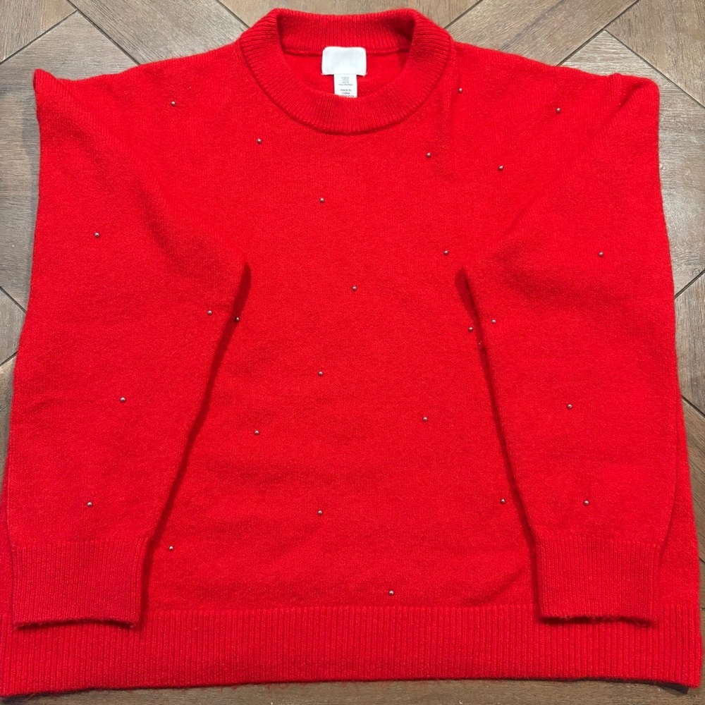 H&M red knit sweater with pearl embellishments, Size M